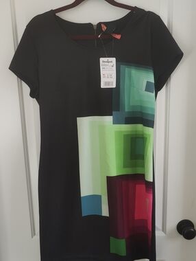Desigual Black Short Sleeve Dress with Green and Pink Geometric Blocks